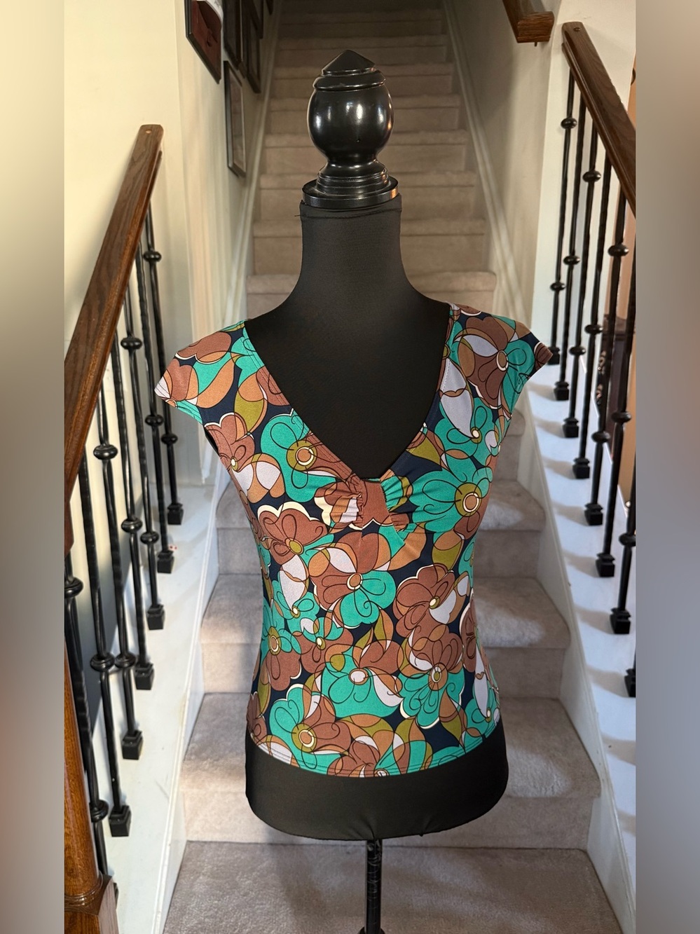 Max Studio Teal and Brown Floral V-Neck Tank